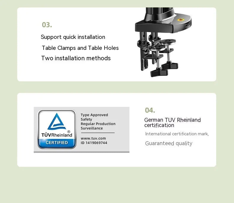 Dual screen lifting monitor bracket made of aluminium alloy and black plastic for VESA mounts.