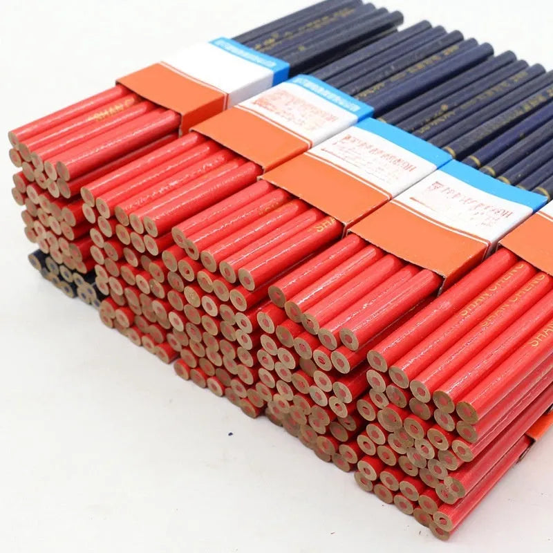 Ten red and blue two-colour round wooden carpenter's pencils for building site marking