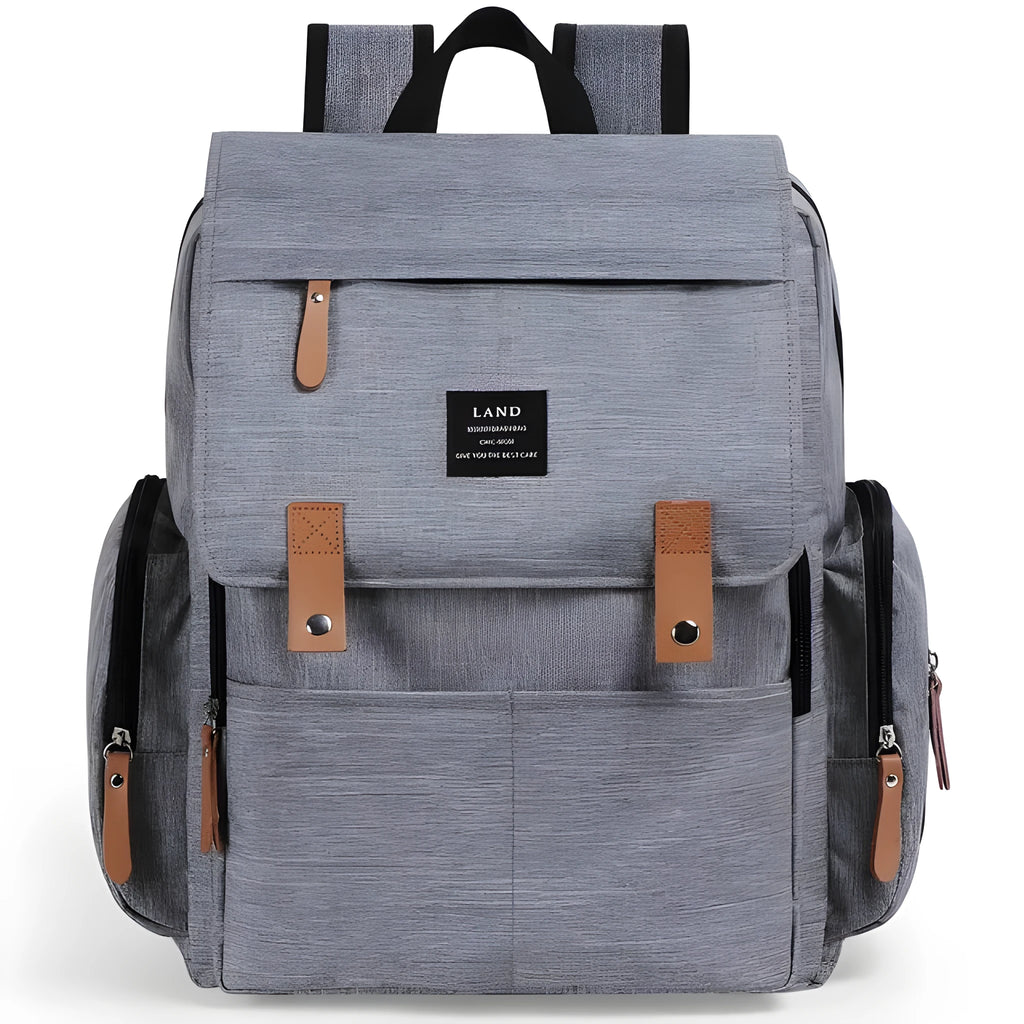 LAND Mommy large grey diaper backpack with changing mat, shown with baby care items.