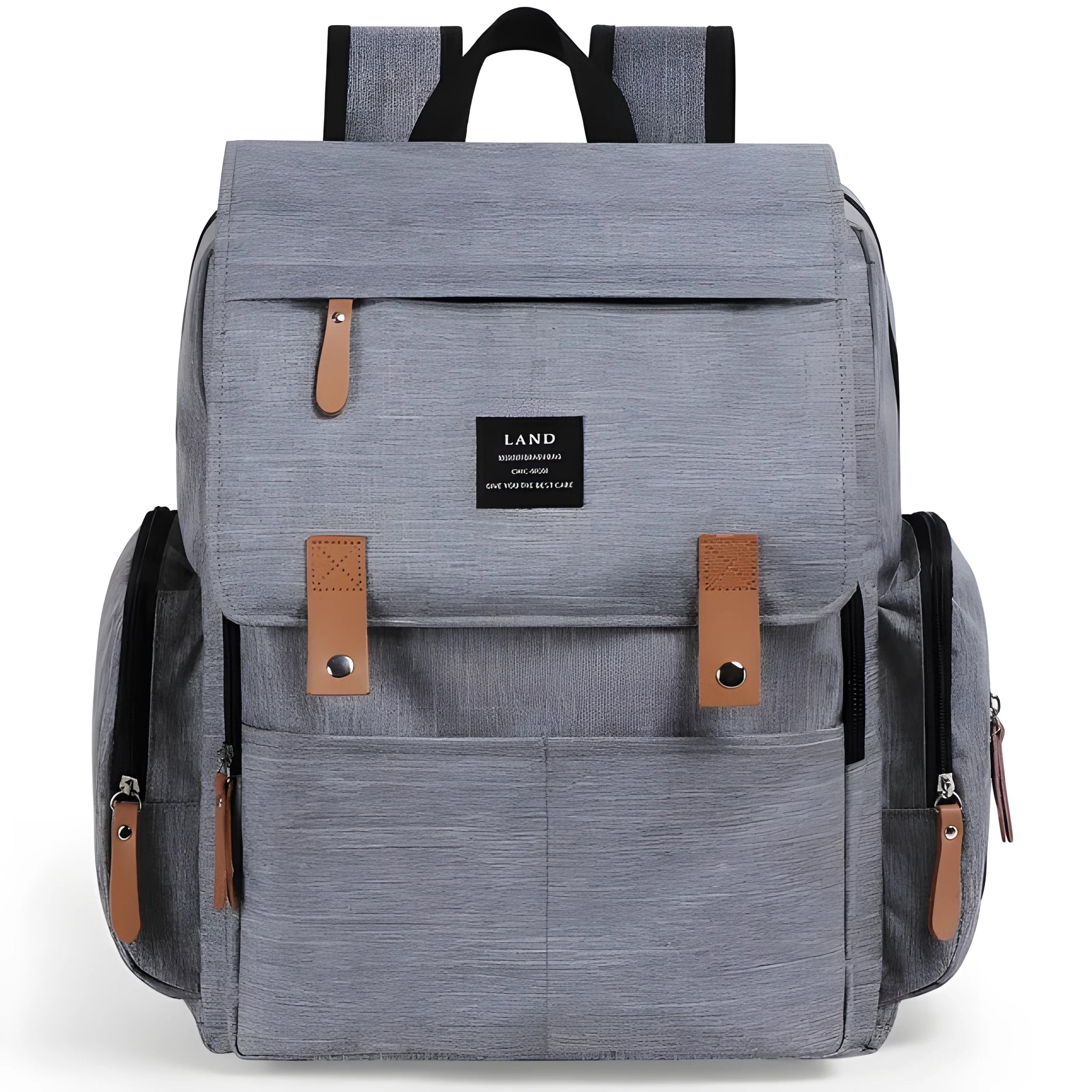 LAND Mommy large grey diaper backpack with changing mat, shown with baby care items.