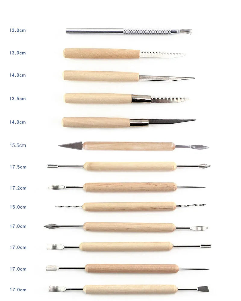 27-piece pottery tool set with stainless steel, wood, and plastic tools organised in a brown roll package.