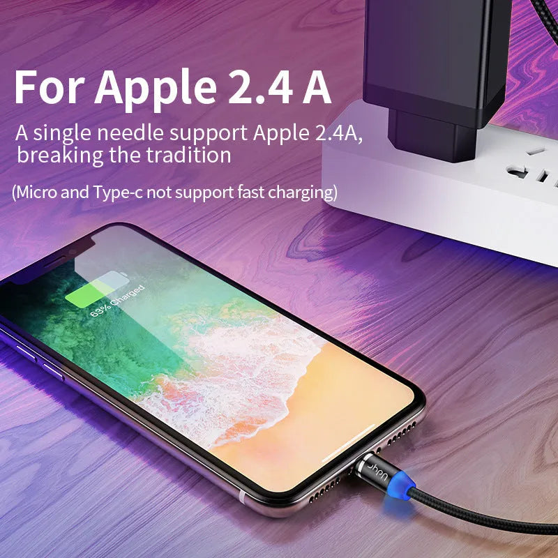 Black magnetic charging cable with three detachable magnetic heads for iPhone, USB-C, and Micro-USB connectors.