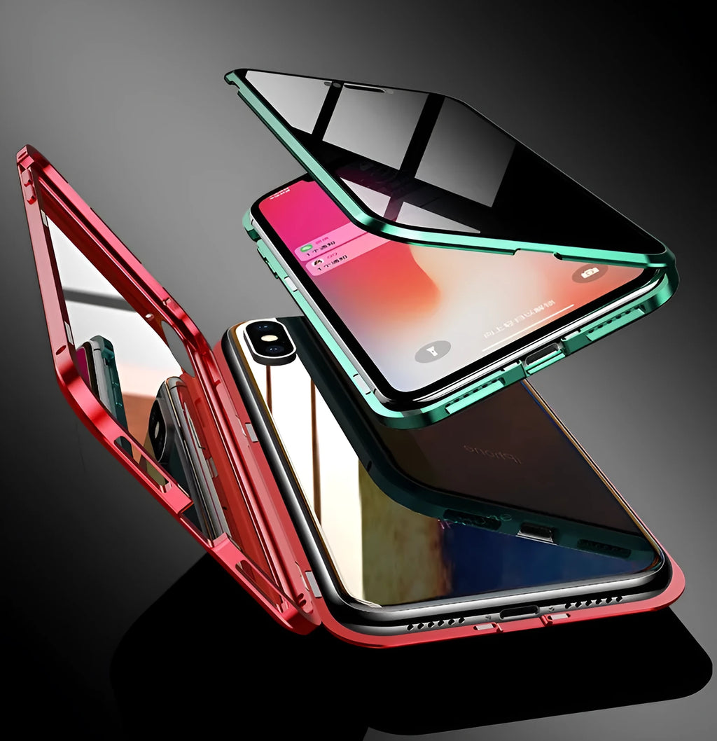 Black anti-peeping magnetic clamshell phone case for Samsung Galaxy smartphones showing closed position