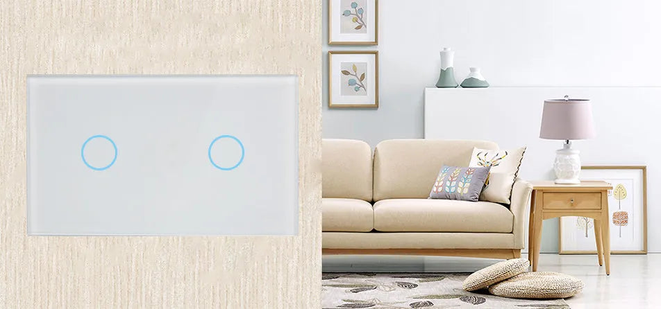 2-gang RF remote control light switch with tempered glass touch panel in black, white or gold finish