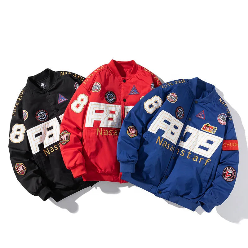 American motorcycle baseball uniform with side pockets available in black red or blue colours
