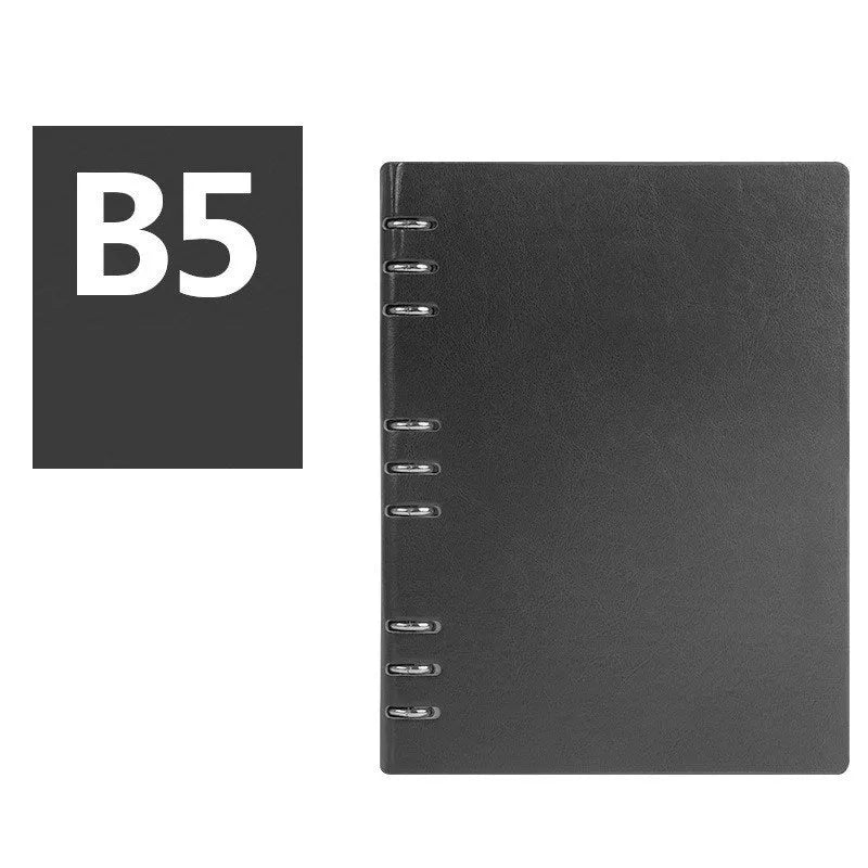 Loose-leaf business notebook with imitation leather cover in five colour options, shown in A5, A6, and B5 sizes.