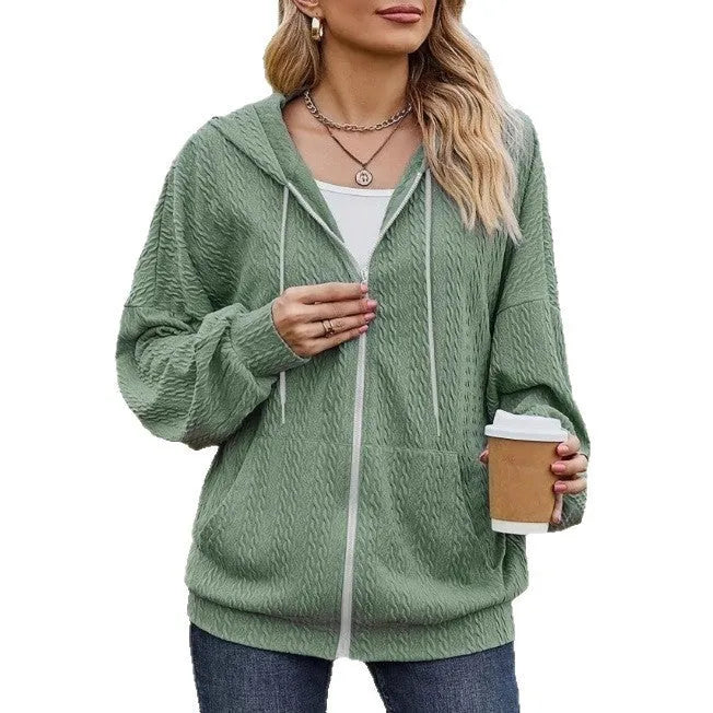 Green women's hooded zipper sweater coat with loose fit in Japanese Korean casual style