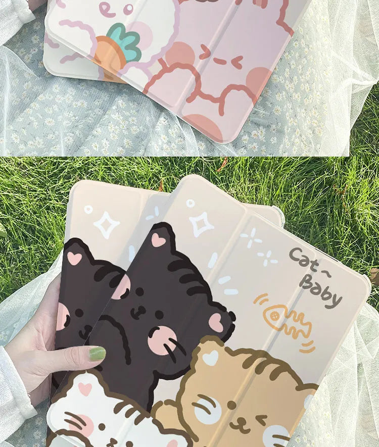 Rabbit cartoon design silicone flat tri-fold protective case for tablets