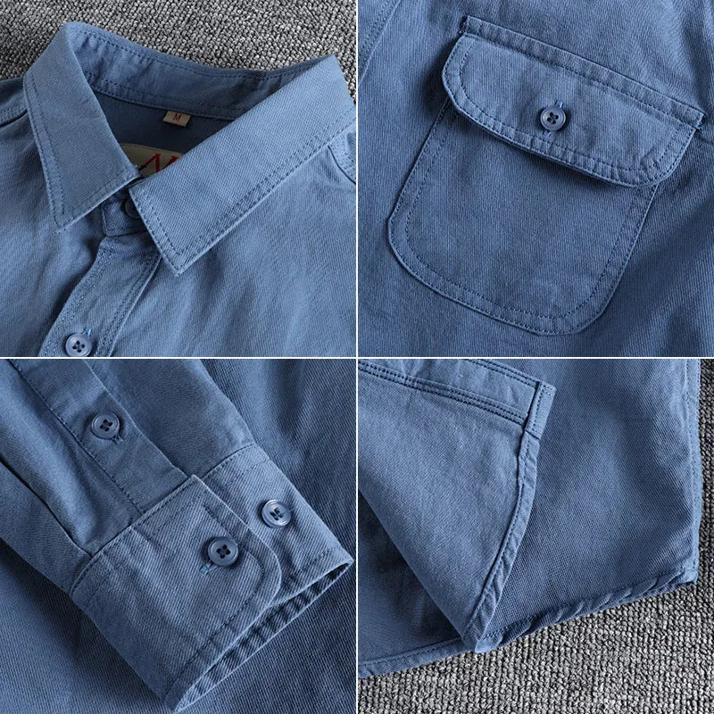 Men's solid colour cotton shirt with retro cardigan style and long sleeves