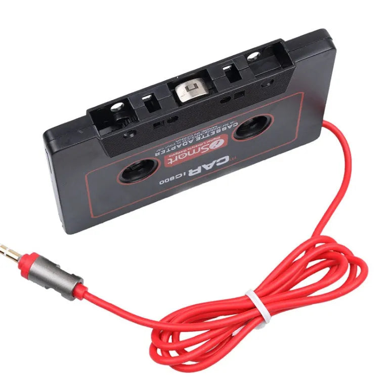 Black car cassette adapter with 3.5mm audio jack for connecting MP3 players to older vehicle tape decks