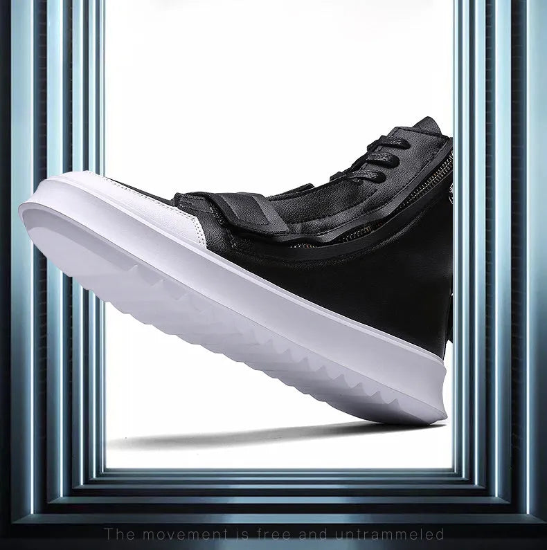 Black and white PU leather men's winter ankle boots with high-top sneakers style