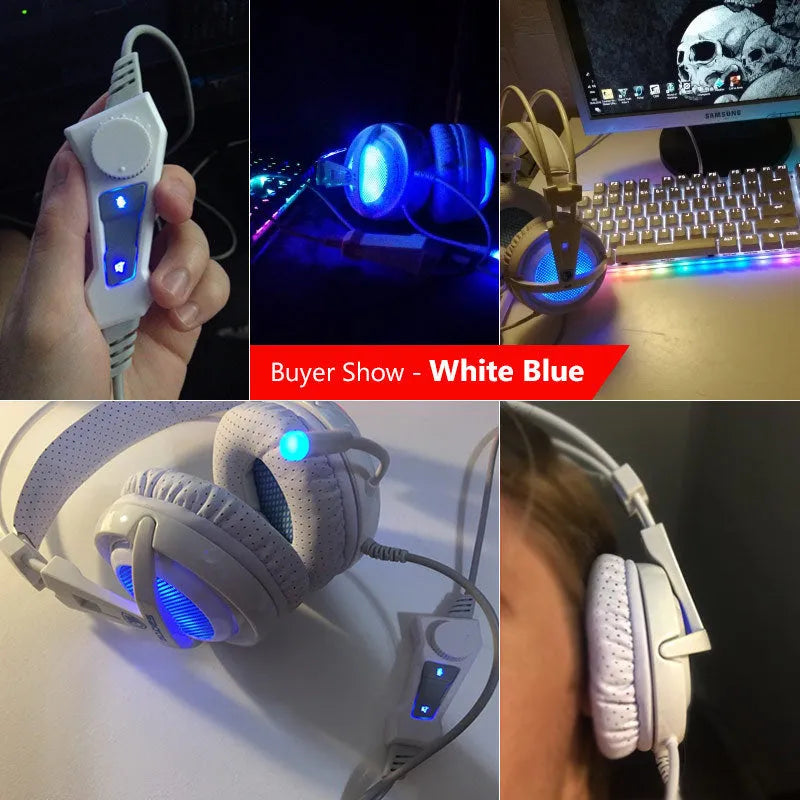 Black and white USB gaming headset with LED lights showing 40mm drivers and padded headband.