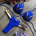 Women's bronzing bikini swimwear with chest pads in various colours and prints.