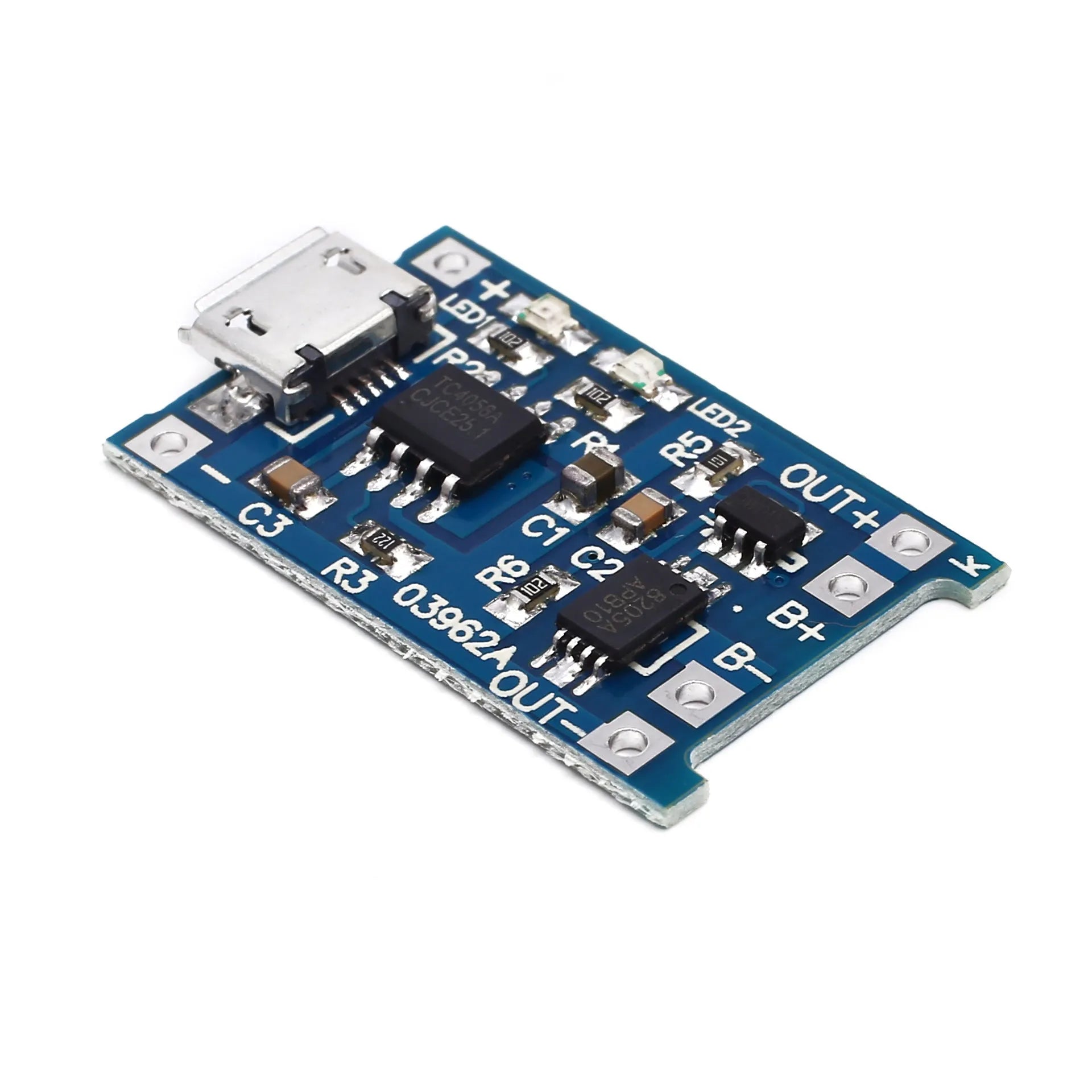Blue TP4056 lithium battery charging and protection board measuring 26 x 17 mm