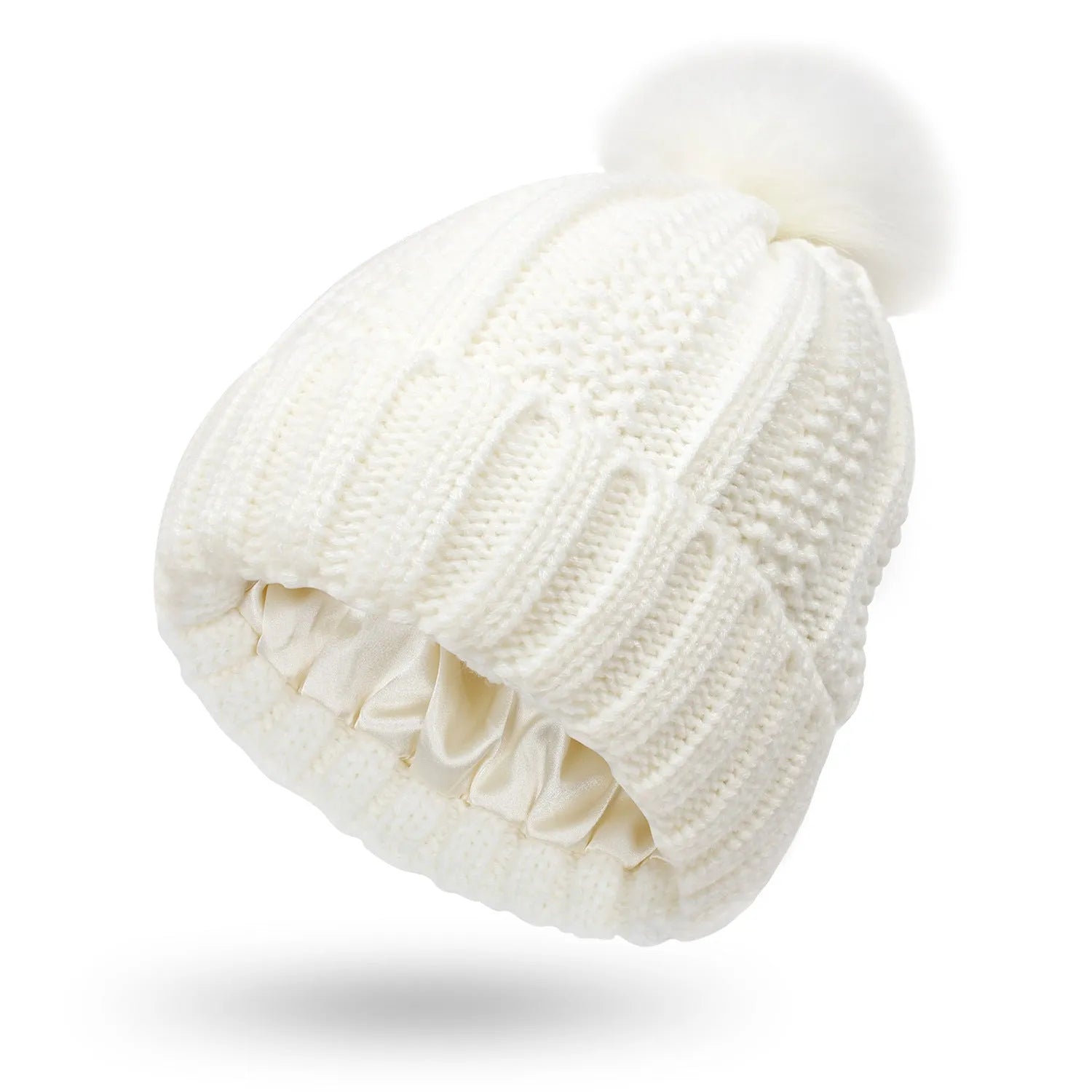 Women's wool beanie hat with satin lining and faux fur pom pom in multiple colours