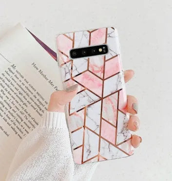 Electroplated marble pattern mobile phone case showing multiple colour options for Huawei and Samsung smartphones