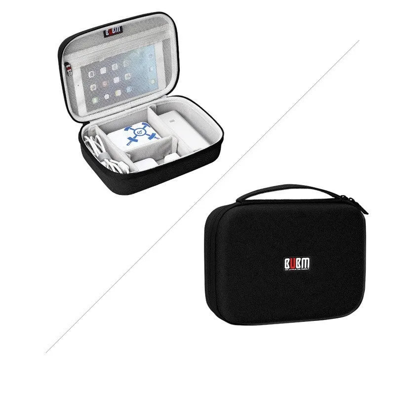 Black and grey EVA digital storage bag for earphones and cables, showing double-layer and single-layer style options.
