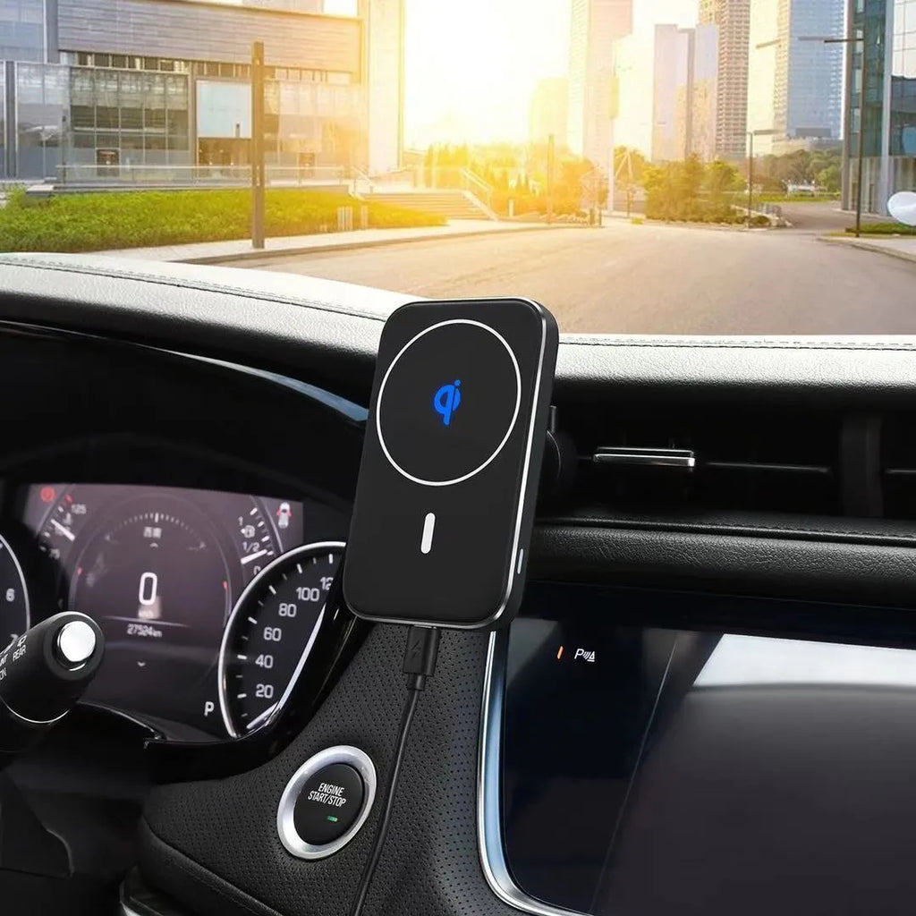Black M6 magnetic wireless car charger mounted on vehicle air vent with phone attached