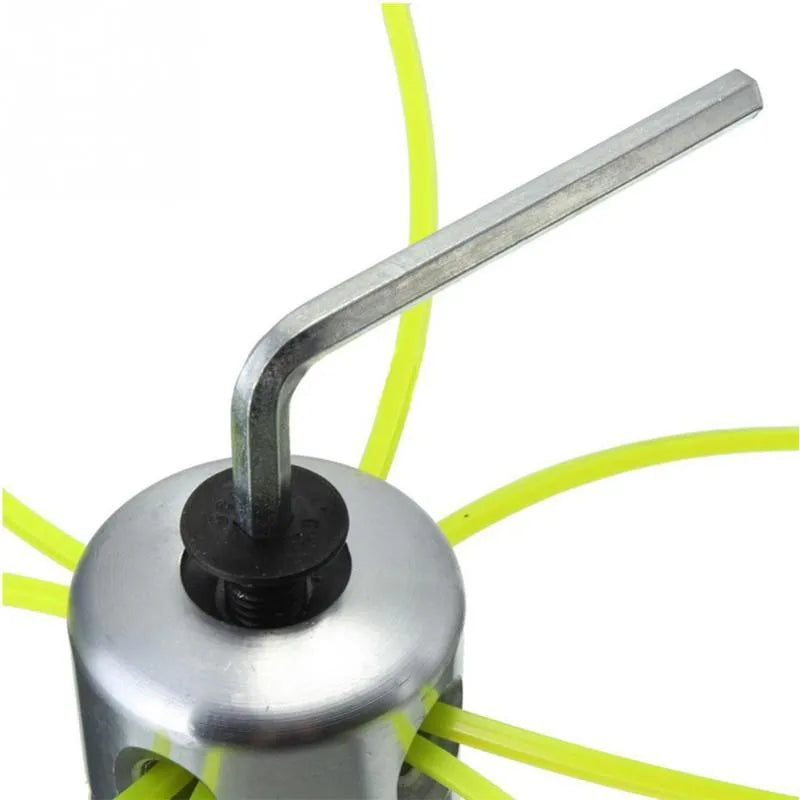 Silver aluminium grass trimmer head with four light yellow square strings for lawn mower replacement