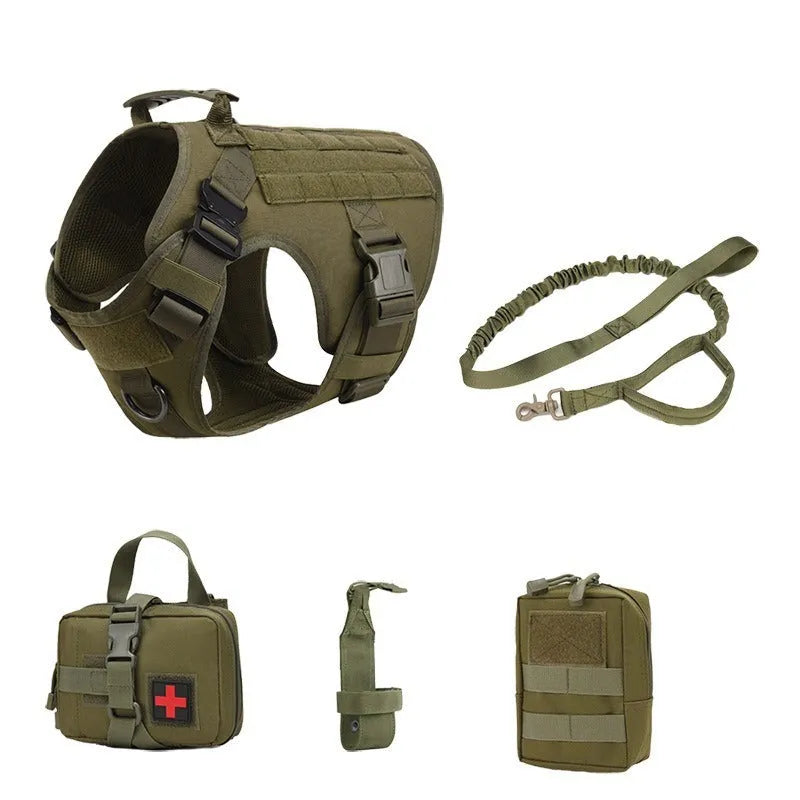 Outdoor Tactics five-piece training dog harness set in camouflage polyester material