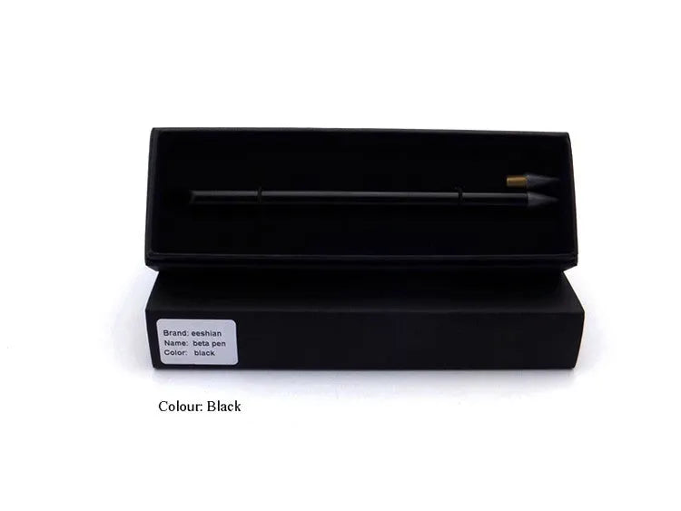 Silver inkless metal pen with spare nib and pen bag on a table.