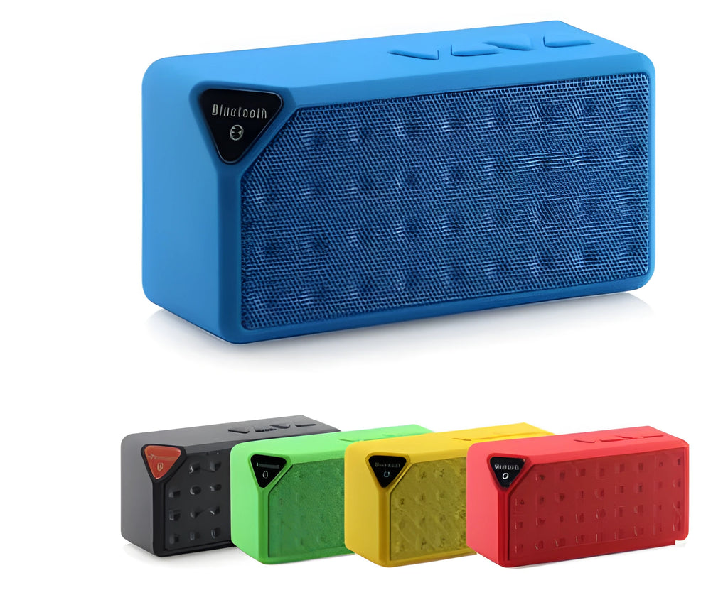 Cannon X3 cube-shaped wireless Bluetooth speaker shown in black, blue, green, red, and yellow colour options.