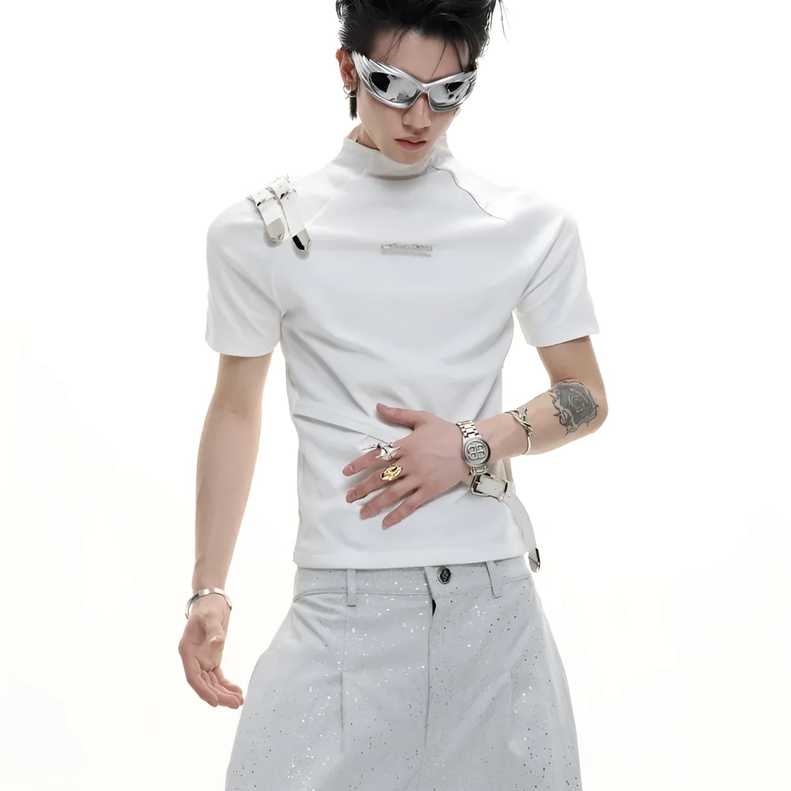Men's black cotton short sleeve t-shirt with metal belt detail and stand-up collar