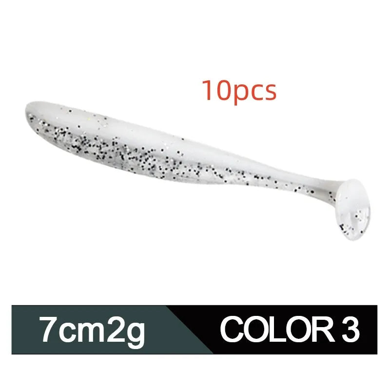 A 7cm long, two-tone T-tail soft worm fishing lure for mandarin fish and topmouth culter.