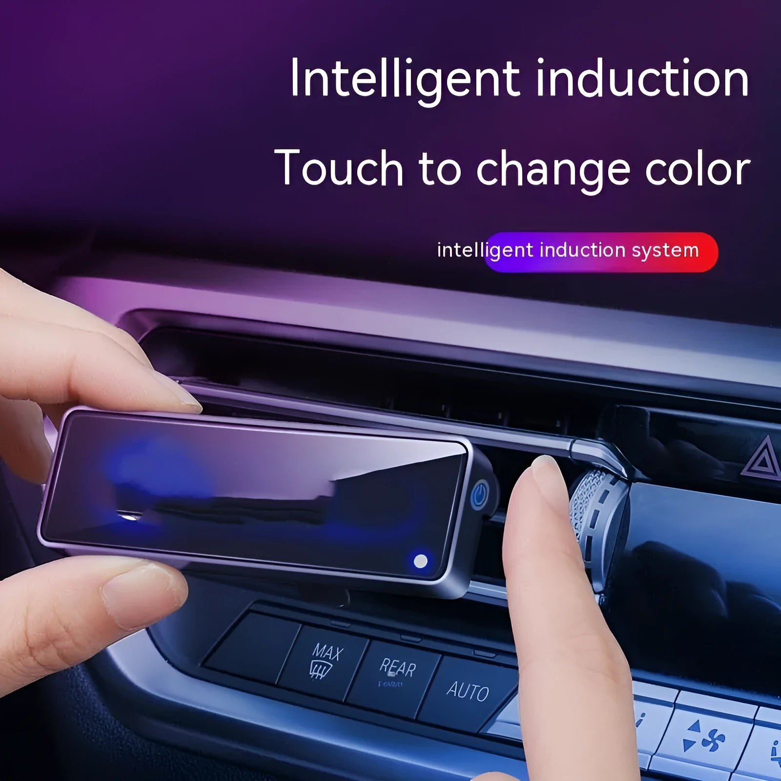 Black automobile aromatherapy air outlet ambience light with LED and fragrance sticks for car odour removal