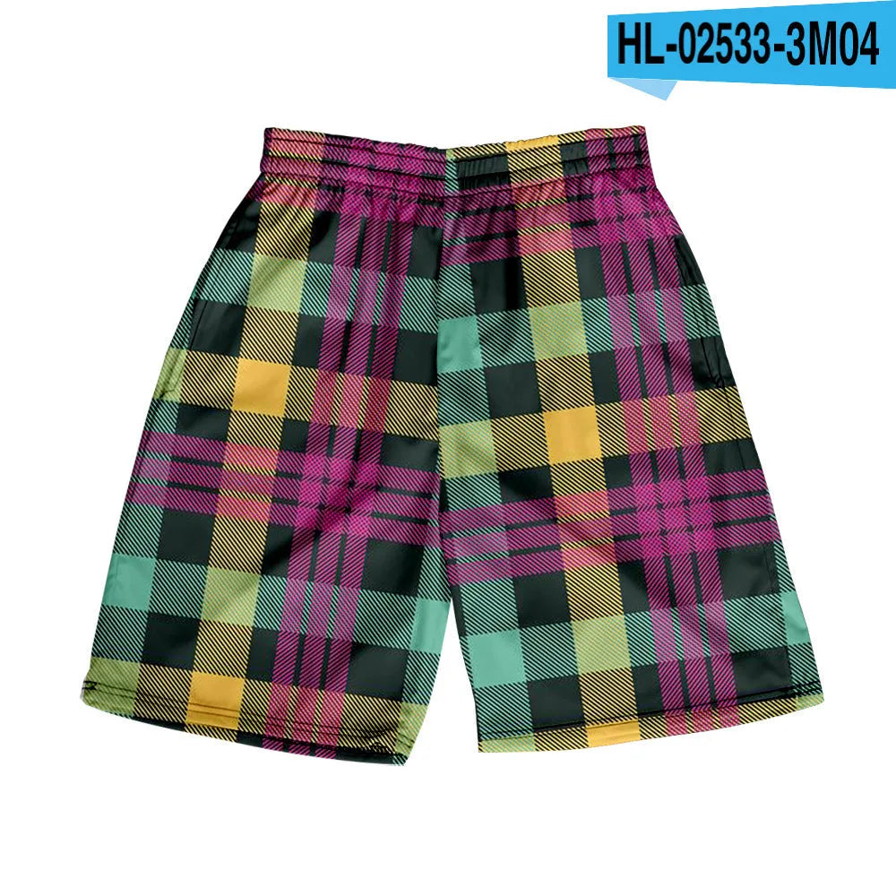 Men's plaid polyester shorts with elastic waistband in straight cut design