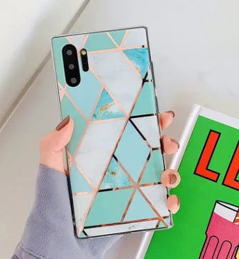 Electroplated marble pattern mobile phone case showing multiple colour options for Huawei and Samsung smartphones