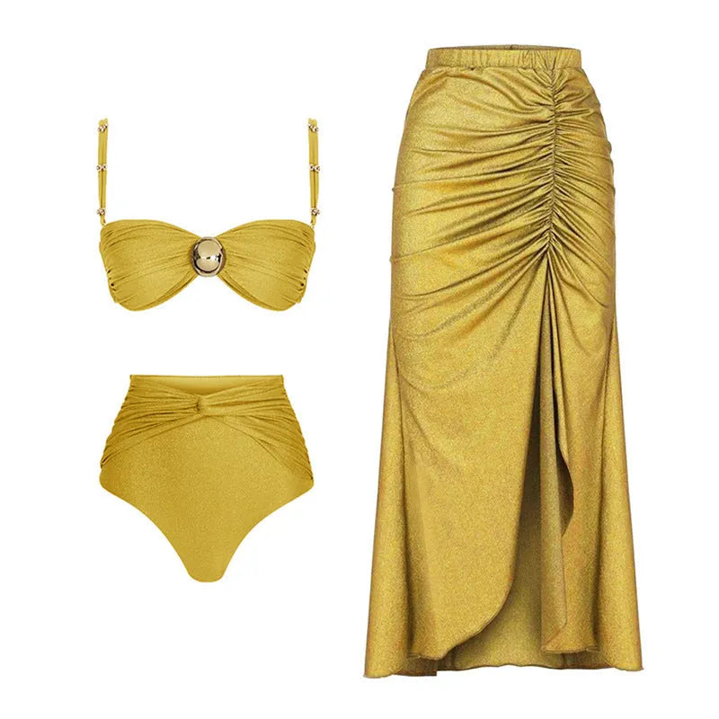 Yellow and green women's high waist split swimsuit bikini set with skirt on mannequin