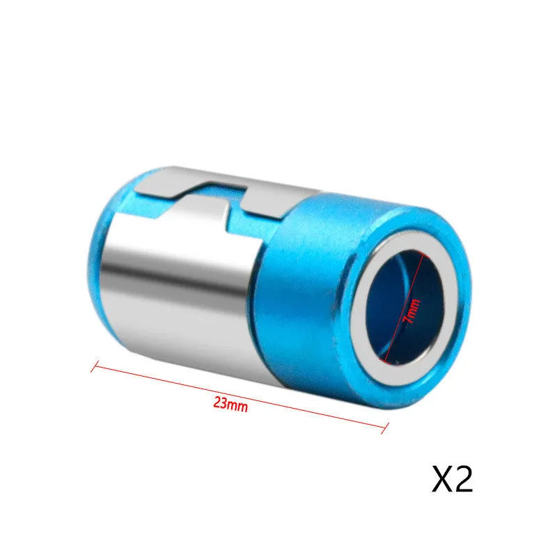 Light blue screwdriver bit with magnetic ring in high carbon steel, showing patterned and smooth ring designs