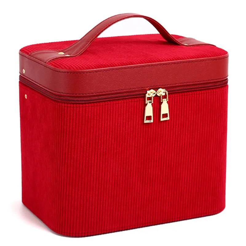 Corduroy cosmetic storage box with large capacity, shown in a solid colour with textured fabric exterior.
