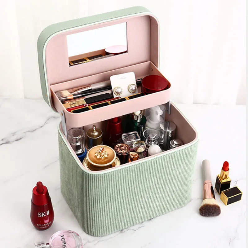Corduroy cosmetic storage box with large capacity, shown in a solid colour with textured fabric exterior.