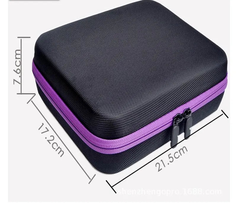 Red EVA cube essential oil storage bag with 30 compartments for 15ml bottles, shown wall-mounted.