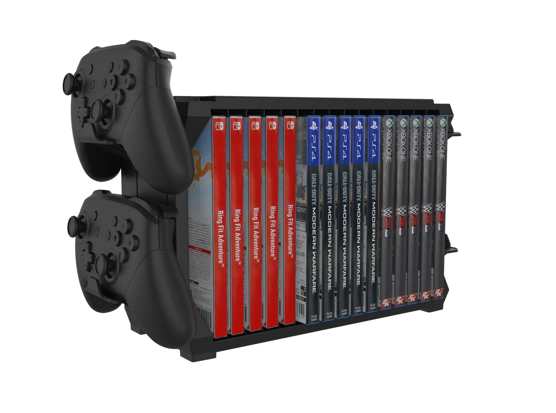 Black PS5 and Xbox Series X disc holder with controller stand storing game cases
