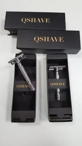 Double-edged safety razor with chrome-plated brass handle and storage case