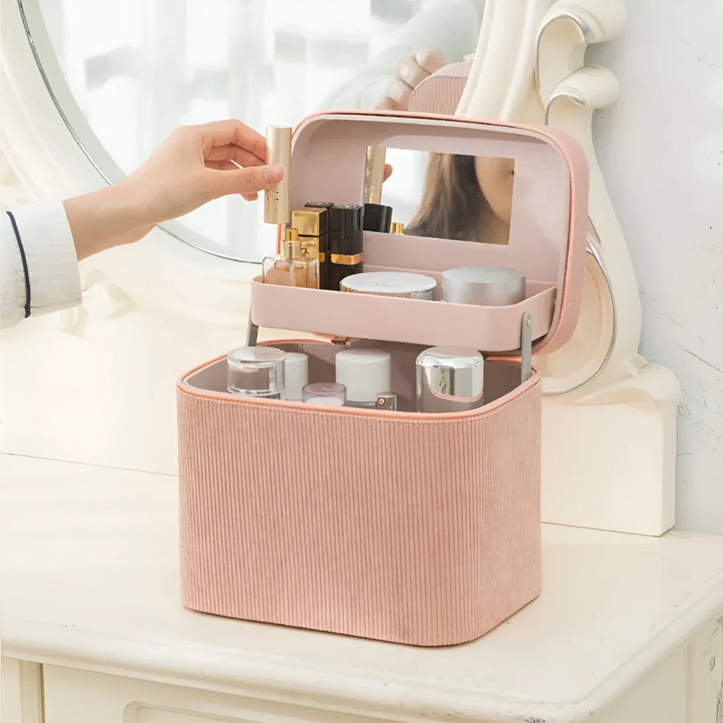 Corduroy cosmetic storage box with large capacity, shown in a solid colour with textured fabric exterior.
