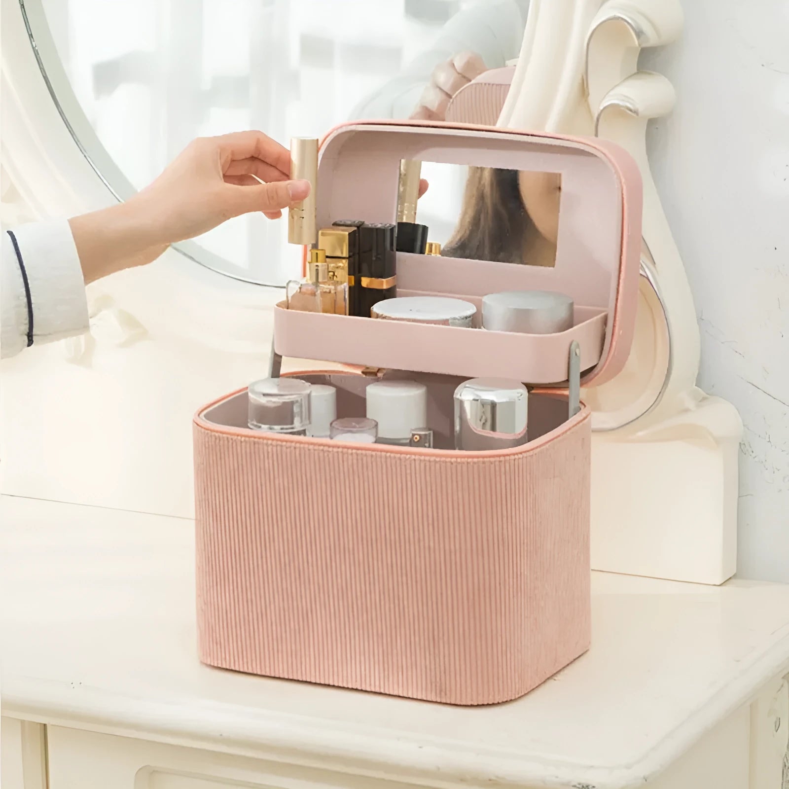 Corduroy cosmetic storage box with large capacity, shown in a solid colour with textured fabric exterior.