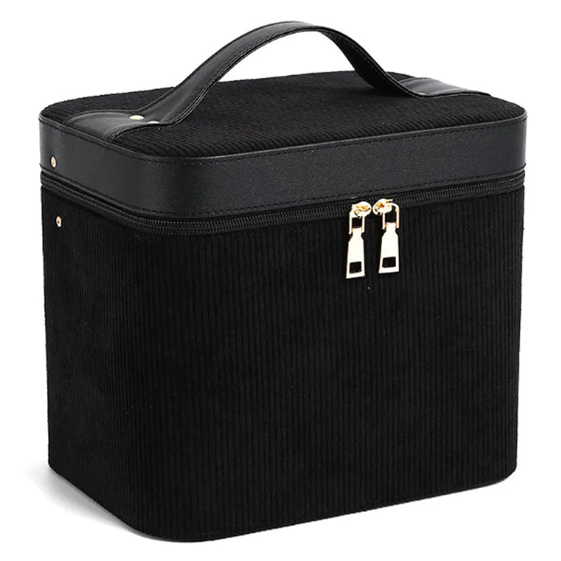 Corduroy cosmetic storage box with large capacity, shown in a solid colour with textured fabric exterior.