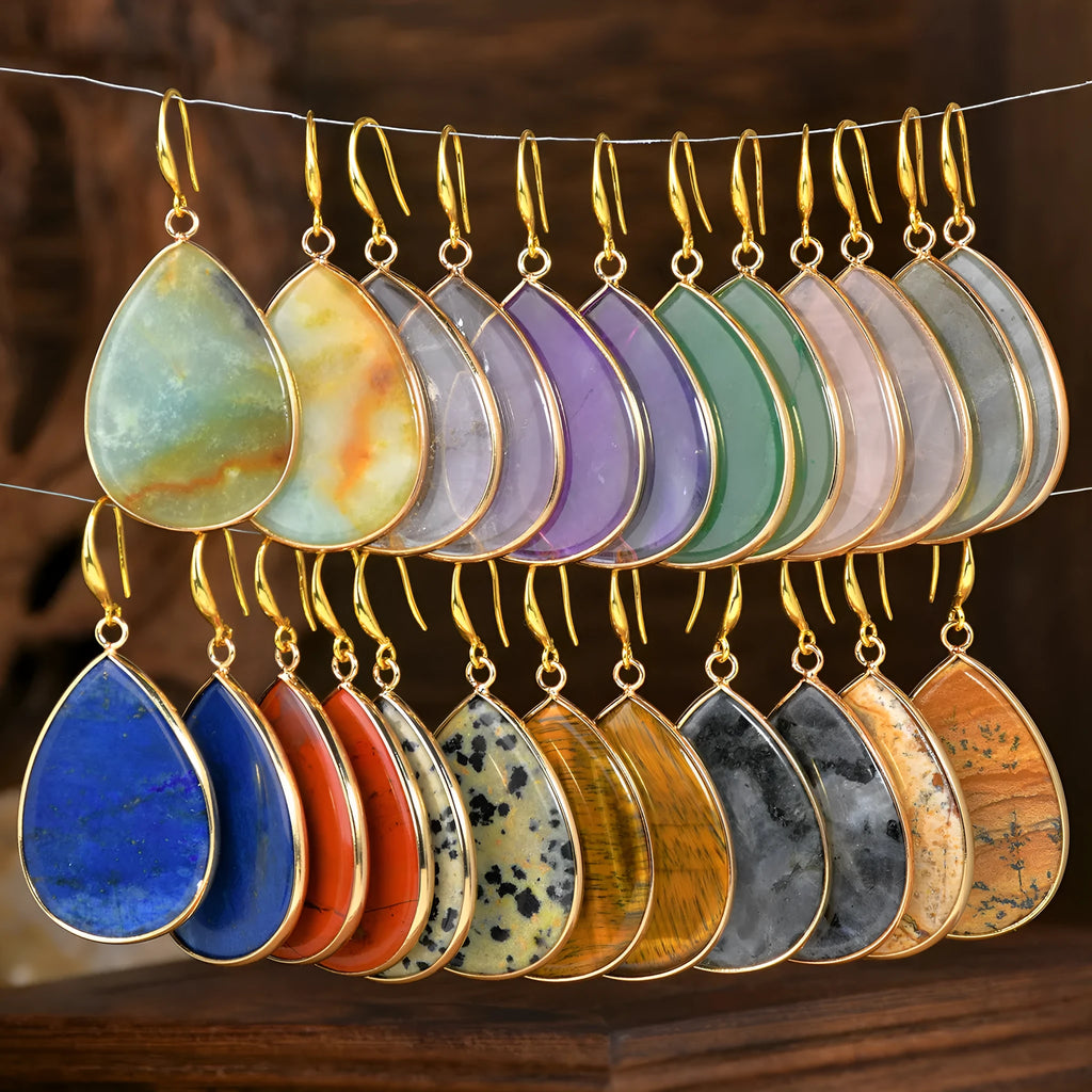 Women's water drop pendant earrings with natural stone in retro high-profile design