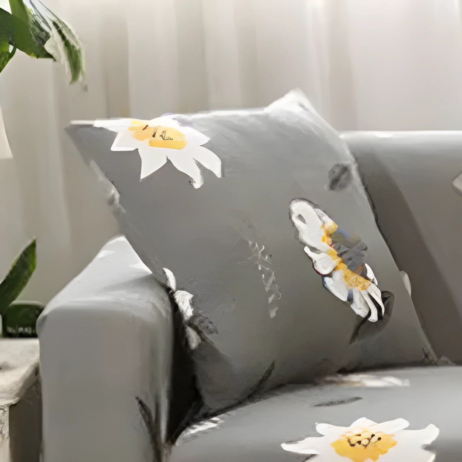 Geometric abstract printed stretch sofa slipcover covering a three-seater sofa with matching cushion covers.
