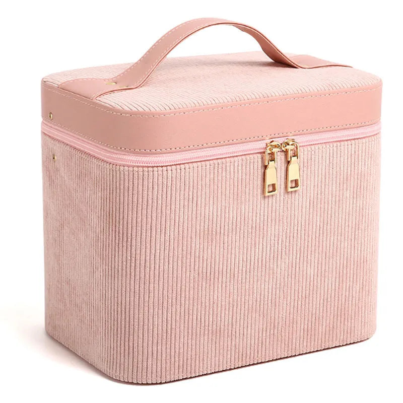Corduroy cosmetic storage box with large capacity, shown in a solid colour with textured fabric exterior.