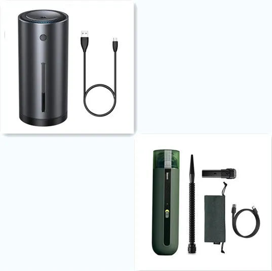 Baseus handheld car vacuum cleaner in black, white, or green, shown with blowing hose attachment.
