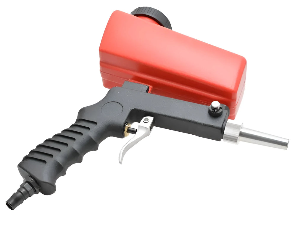 Portable gravity-fed pneumatic sandblasting gun with tank, shown in blue or black.