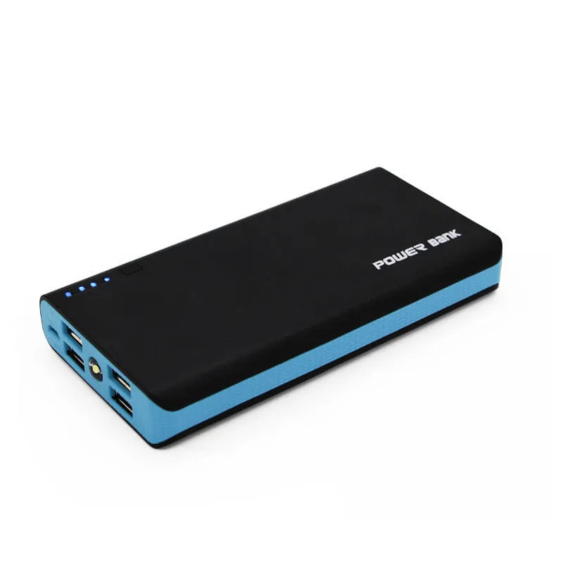 20000mAh portable power bank in red, blue, green, yellow or black colours showing charging ports