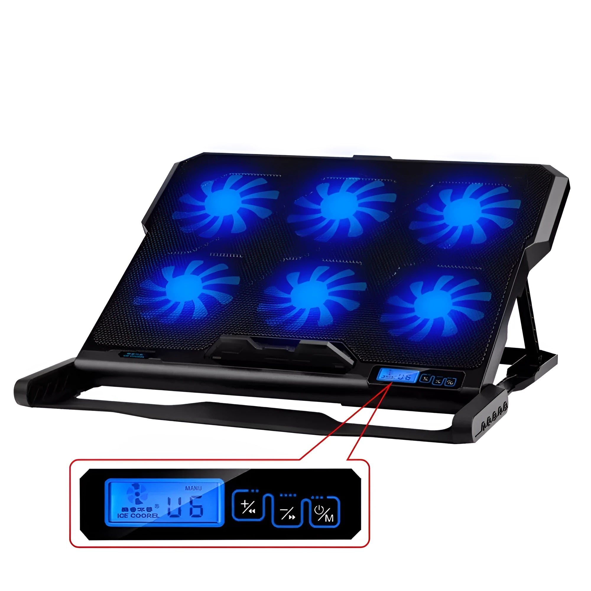 Metal mesh laptop cooling board with LCD speed control display and USB cable