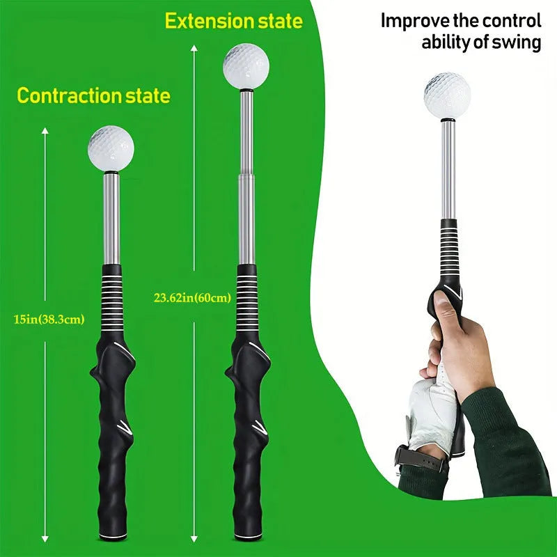 Stainless steel telescopic golf swing simulator trainer on a plain background