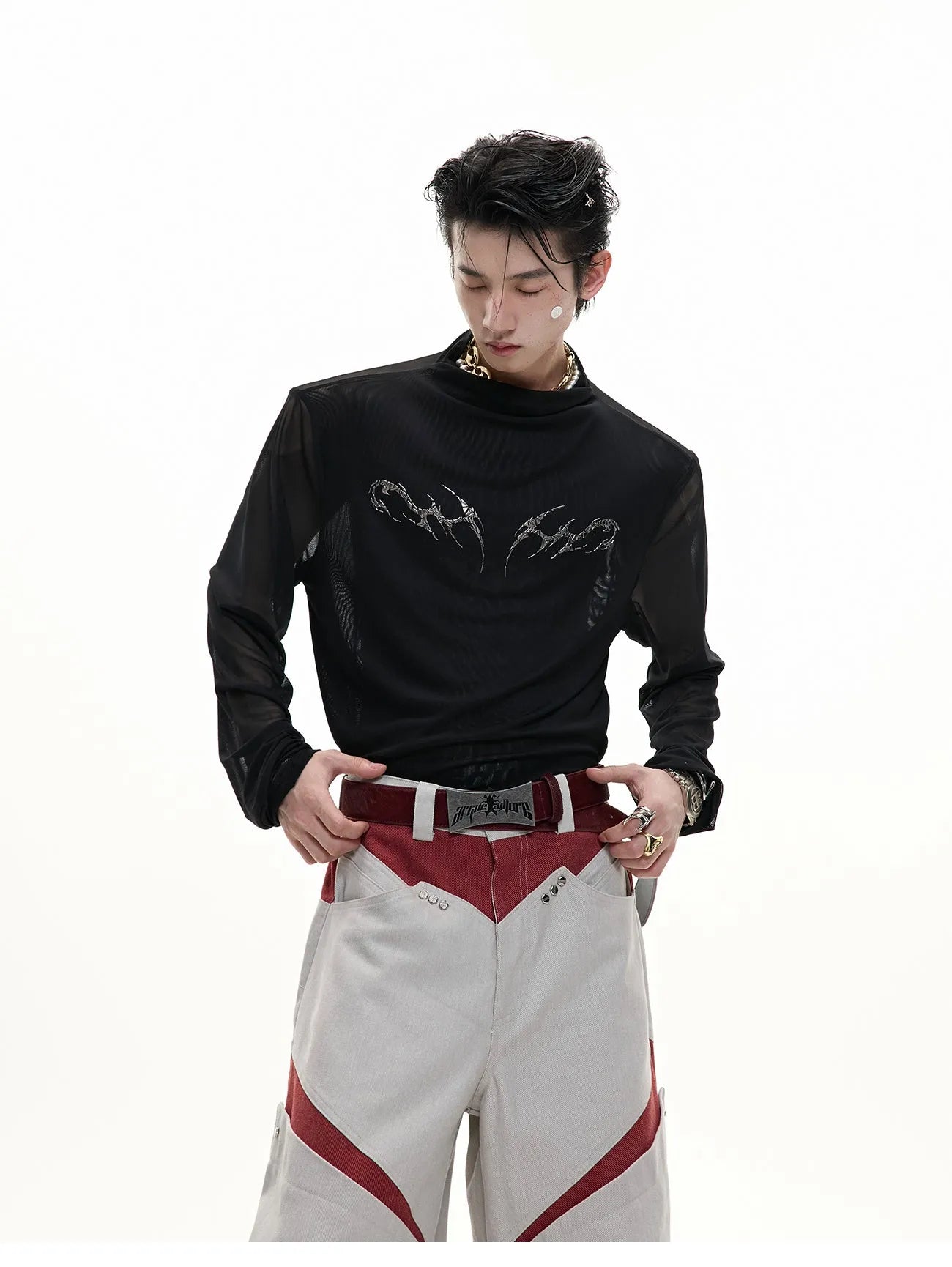 Niche mesh slim fit long sleeve shirt in black and white on a mannequin